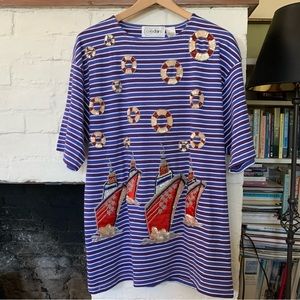 Vintage 90s Cedars Beaded Nautical Cruise Steamsip Short Sleeve Oversized Shirt